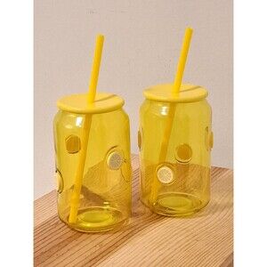 Summer Glass Tumblers With Plastic Matching Straws With Lid  Set Of  2  - Yellow
